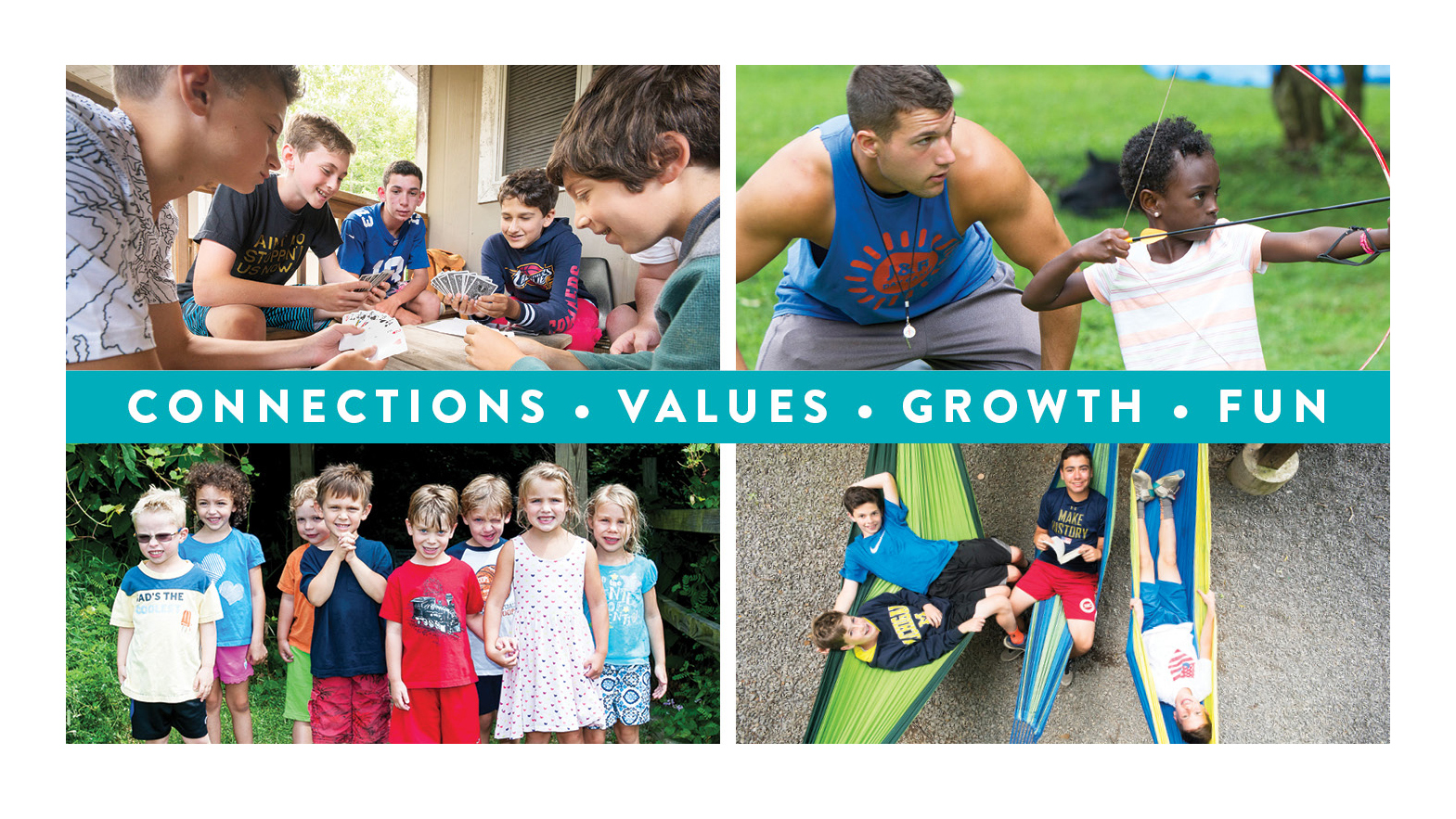 Images of JCC Camps with text that reads "connections, values, growth, fun"