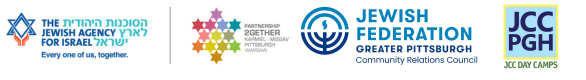 List of logos. (L-R) The Jewish Agency for Israel, Partnership2gether, Jewish Federation Greater Pittsburgh, JCC PGH Day Camps.